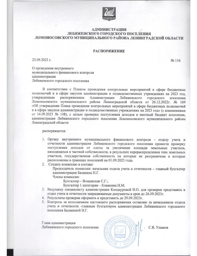  О проведении внутреннего муниципального финансового контроля администрации Лебяженского городского поселения